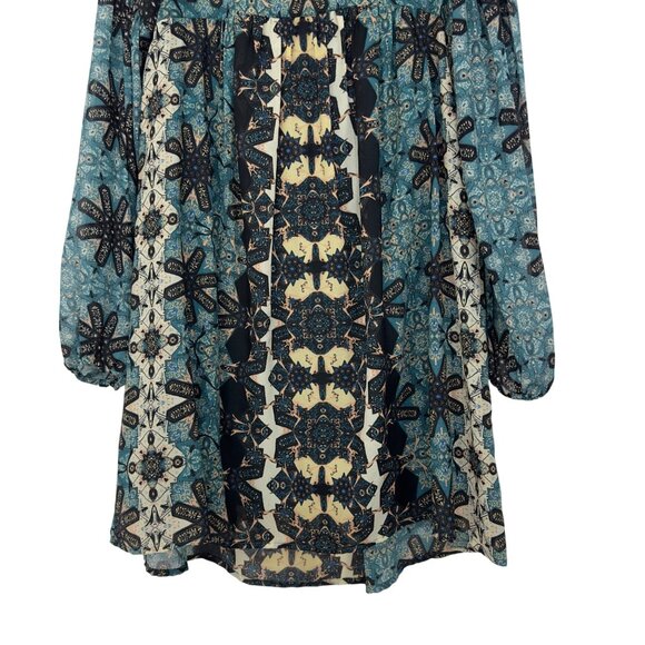 Free People Women SZ XS Boho Long Sleeve Printed Tunic Dress In Blue & Cream - Picture 9 of 14